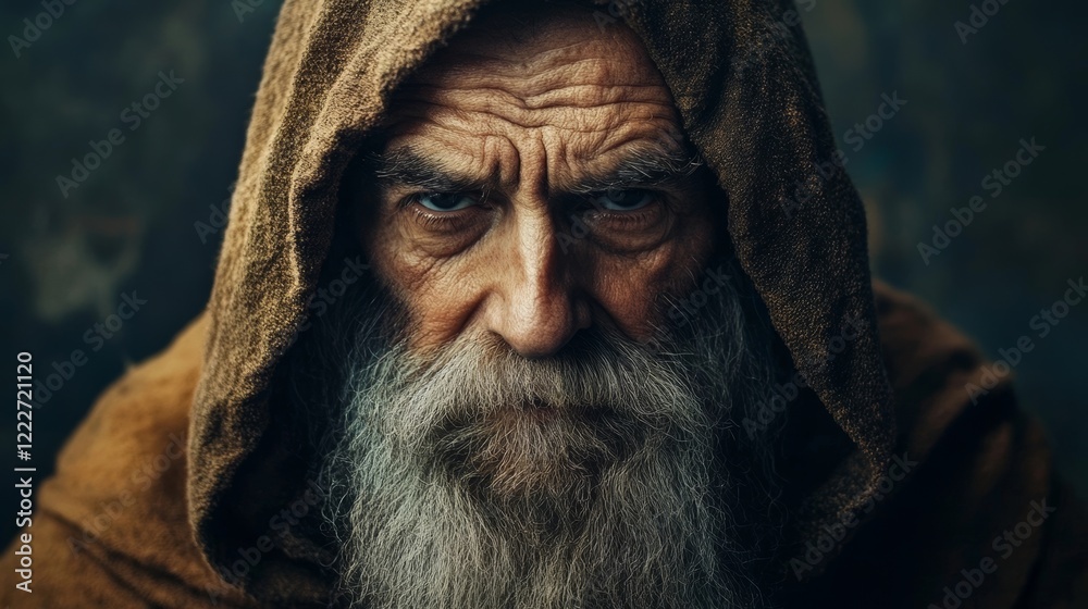 Portrait of an elderly man in a dark hooded cloak expressing wisdom and experience in a moody setting Portrait of an elderly man in a dark hooded cloak expressing wisdom and experience in a moody setting