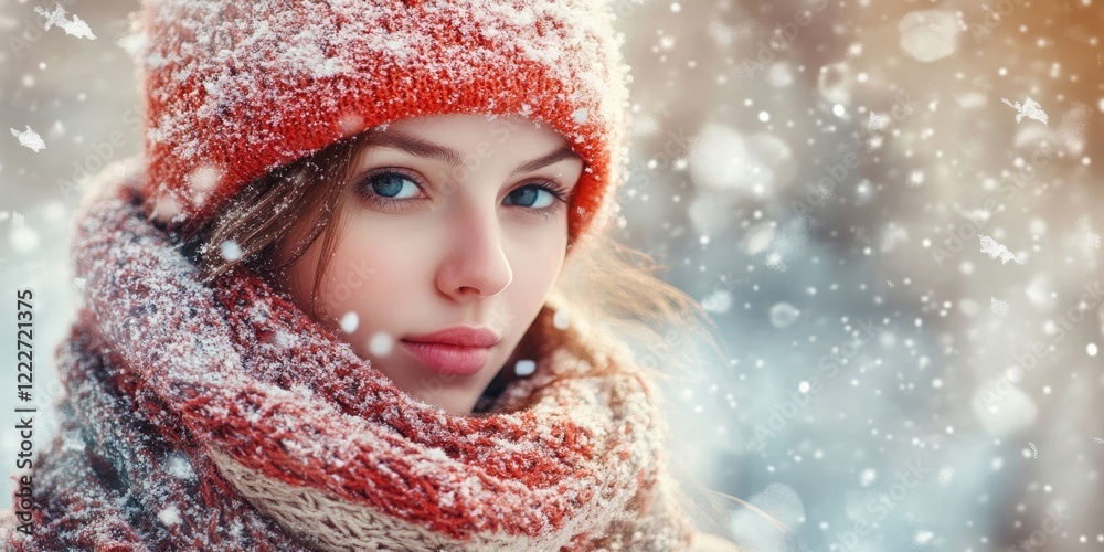 Winter portrait of a young woman wearing an orange knit hat and a cozy scarf surrounded by falling snowflakes with a soft blurred background Winter portrait of a young woman wearing an orange knit hat and a cozy scarf surrounded by falling snowflakes with a soft blurred background