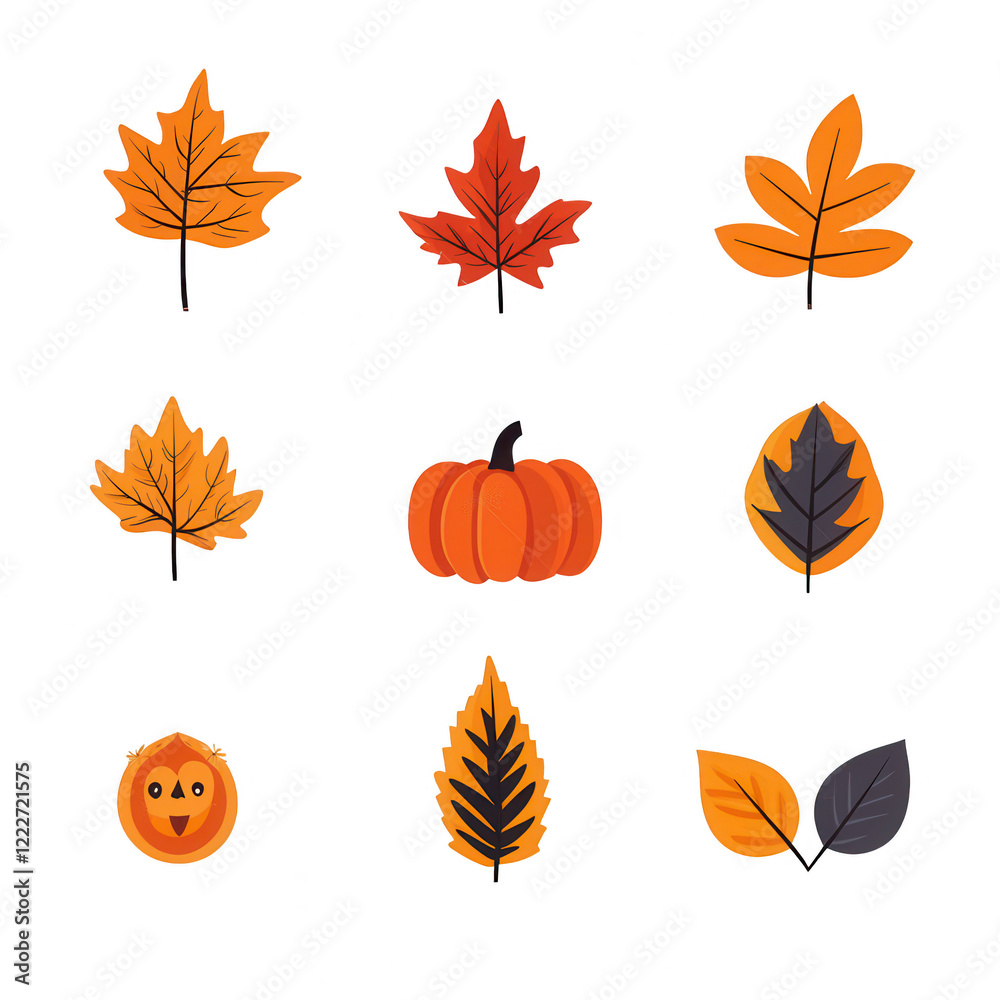 Obraz premium Colorful autumn leaves and a pumpkin illustration for seasonal decor., isolated on a transparent background.