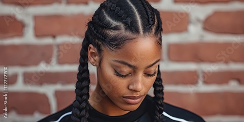 Athlete with boxer braids looking down against a rustic red brick wall featuring braids in black hair with a focused expression. photo