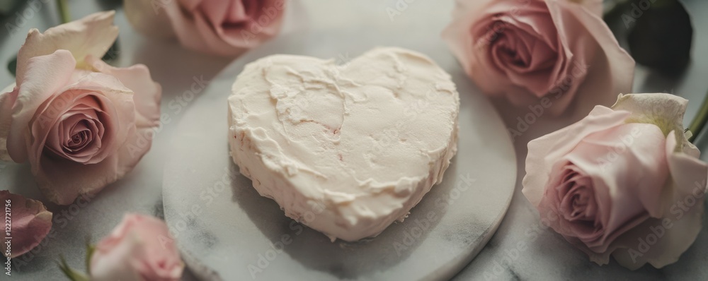 Fototapeta premium Heart-shaped cake with pink roses on marble surface