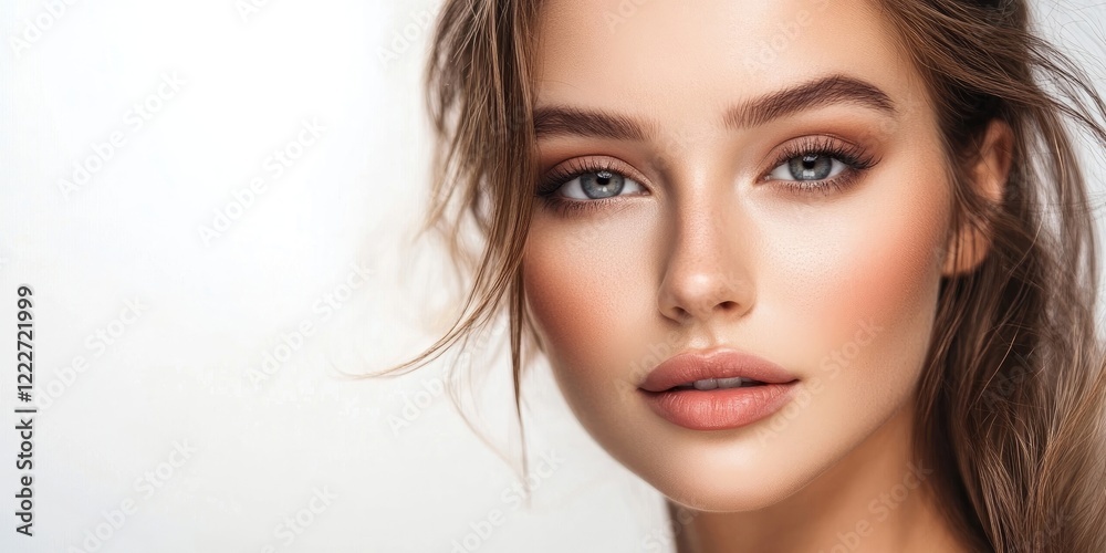 Attractive woman with soft natural makeup and long wavy hair, positioned slightly left against a bright white background, showcasing glowing skin. Attractive woman with soft natural makeup and long wavy hair, positioned slightly left against a bright white background, showcasing glowing skin.