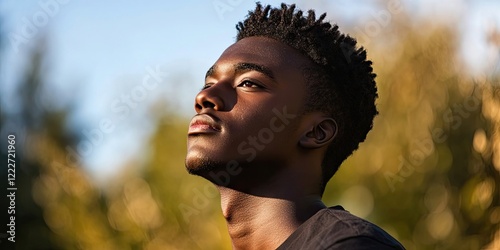 Contemplative young African man with dark skin gazing upwards against a blurred green and golden background capturing a moment of reflection.
