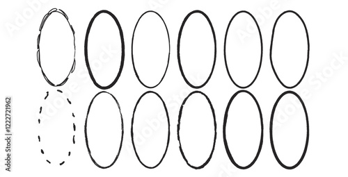 Grunge set of ellipse frames. Oval shapes modern black. Vector hand drawn border collection illustration isolated on white background.