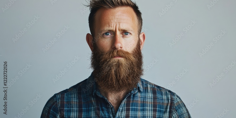 Bearded man in a plaid shirt against a light gray background with centered composition, ideal for text overlay or inscriptions. Bearded man in a plaid shirt against a light gray background with centered composition, ideal for text overlay or inscriptions.