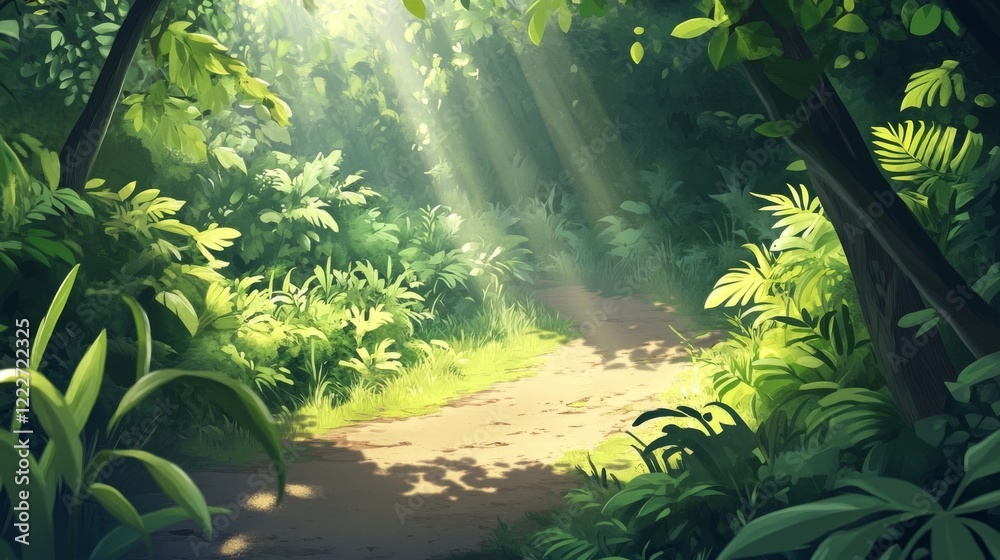 Obraz premium Sunlight filters through lush greenery along a serene forest path in the early morning hours