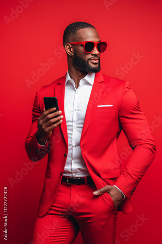 Man in a red suit and sunglasses holding a cell phone