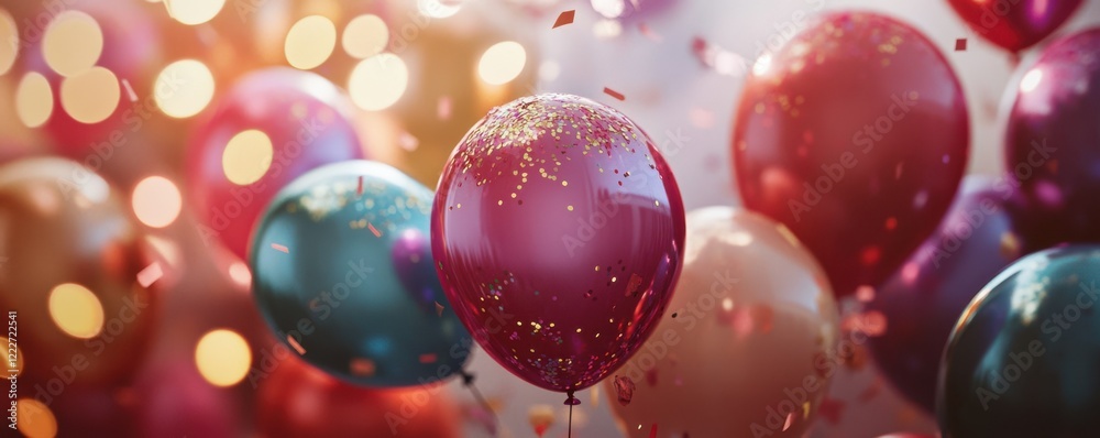 Colorful balloons with glitter amid floating confetti in celebration scene Colorful balloons with glitter amid floating confetti in celebration scene