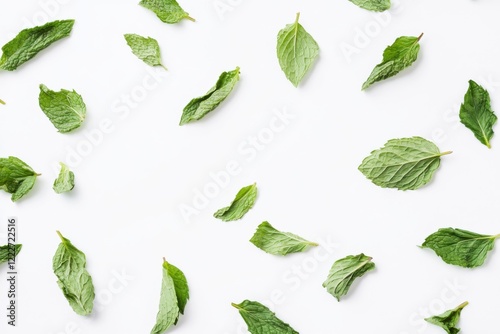 Fresh organic mint leaves scattered on a clean white background showcasing vibrant colors and textures for culinary inspiration