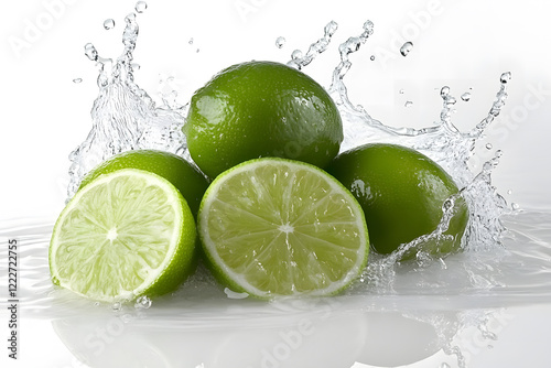 Fresh Limes Splashing in Water on White Background