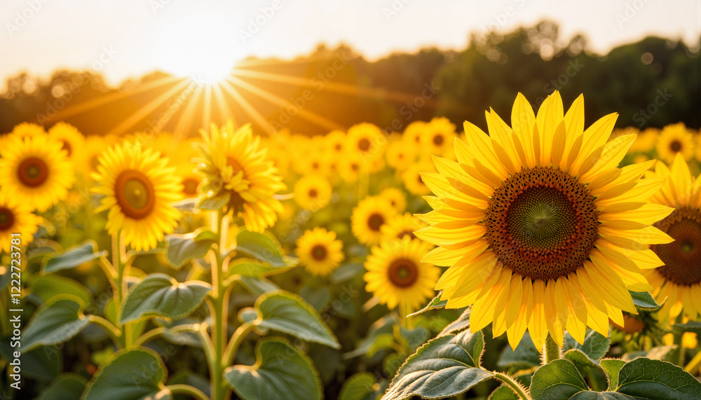 Obraz premium Vibrant sunflowers blooming in golden sunlight, summer beauty