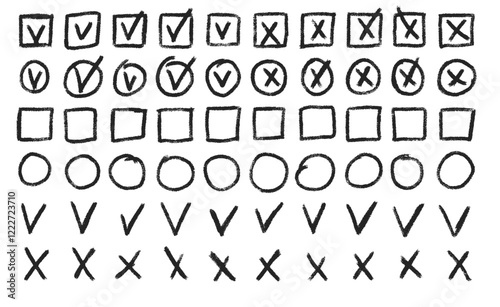 Set of checkboxes. Tick and check marks pack. Cross and v sign pencil drawn. Correct and wrong symbols. Vector doodle collection illustration isolated on white background.