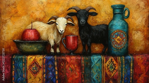   A painting of a goat standing next to an apple bowl and a vase with the goat in it photo