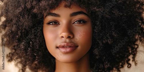 Close-up portrait of a woman with deep curly hair framing her face, warm skin tones, and expressive brown eyes against a soft blurred background.