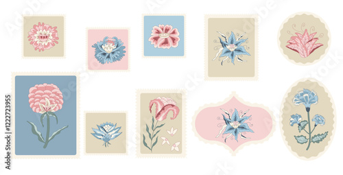Floral elements. Flowers postage stamp isolated on white background. Vector hand drawn line art illustration.