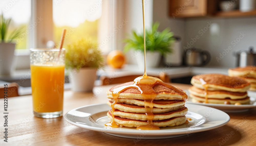 Warm pancakes drizzled with syrup on breakfast table, inviting morning