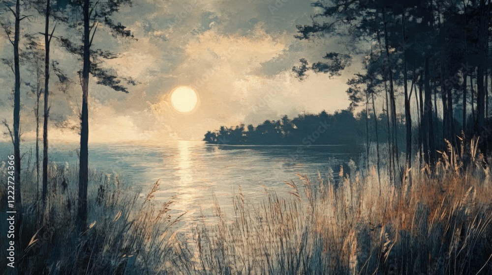 Fototapeta premium Tranquil sunset over lake with trees and tall grass, digital painting style Generated AI