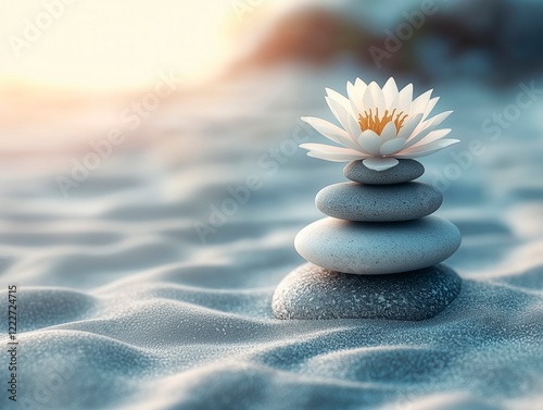 Balancing stones with a lotus flower in a tranquil Zen garden
