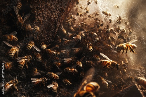 Busy bees create a lively atmosphere inside their thriving hive during a sunny afternoon. Generative AI photo