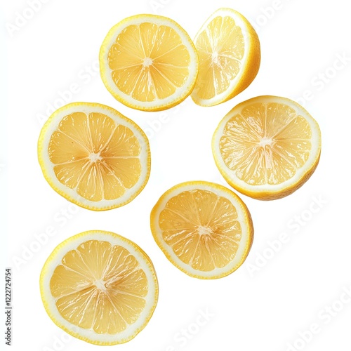 lemon slices falling down on white background. organic lemons flying all over white background. healthy citrus fruit
