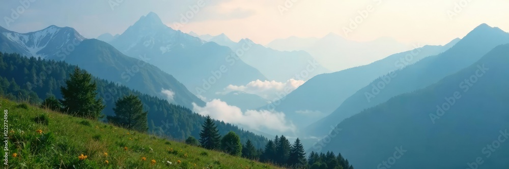 Fototapeta premium Foggy morning in the alps with misty mountains, mountains, mystical, peaceful