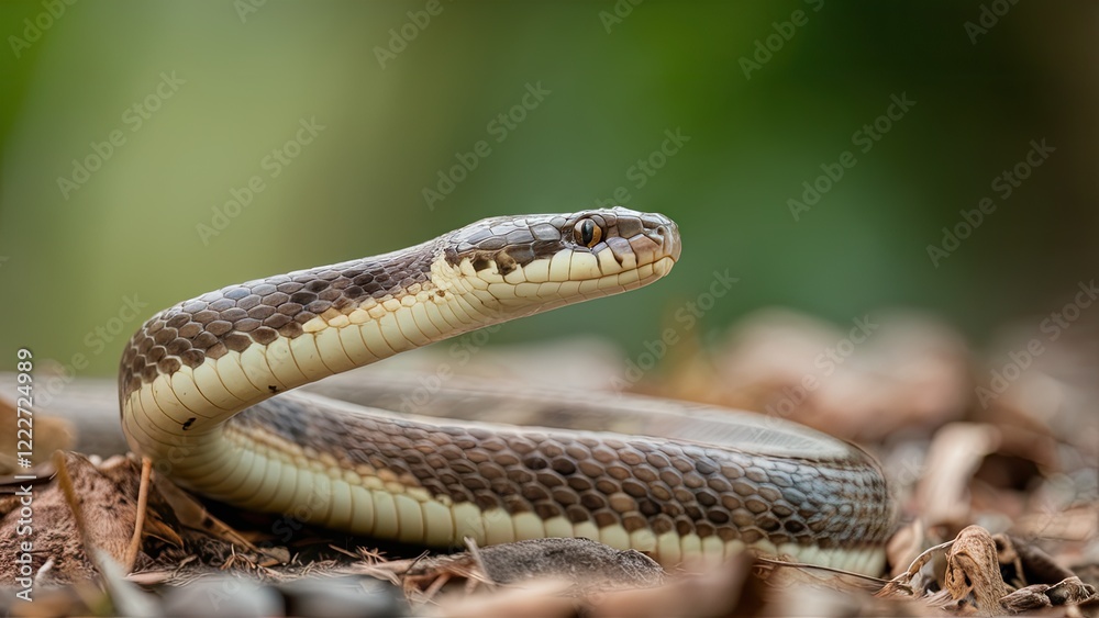 Aesculapian snake coiled on earthy ground in natural habitat, with snaky body in shades of brown and cream set against a blurred green background. Aesculapian snake coiled on earthy ground in natural habitat, with snaky body in shades of brown and cream set against a blurred green background.