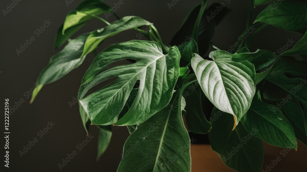 Obraz premium Closeup of vibrant green houseplant leaves with intricate textures against a dark background emphasizing natural beauty and tranquility.