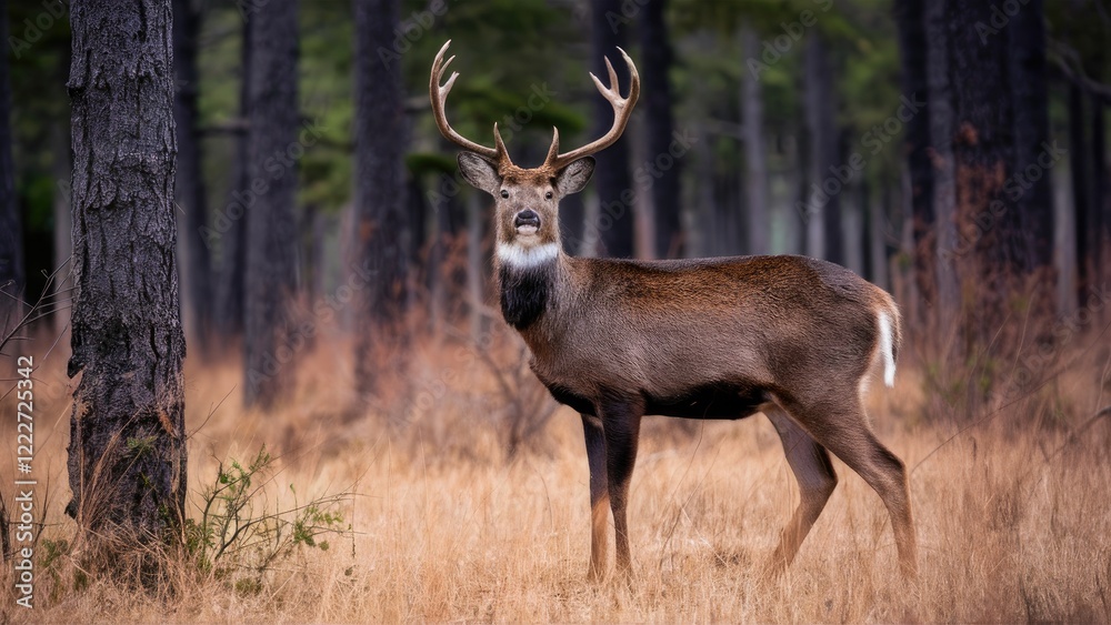 Obraz premium Majestic deer with large antlers stands alert among tall trees in a serene natural habitat featuring golden grass and muted green foliage.