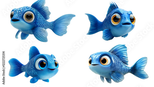 Four Blue Fish Cartoon:  A playful quartet of cartoon blue fish, each with unique expressions and a charmingly chubby physique, bring a splash of whimsy to any project.