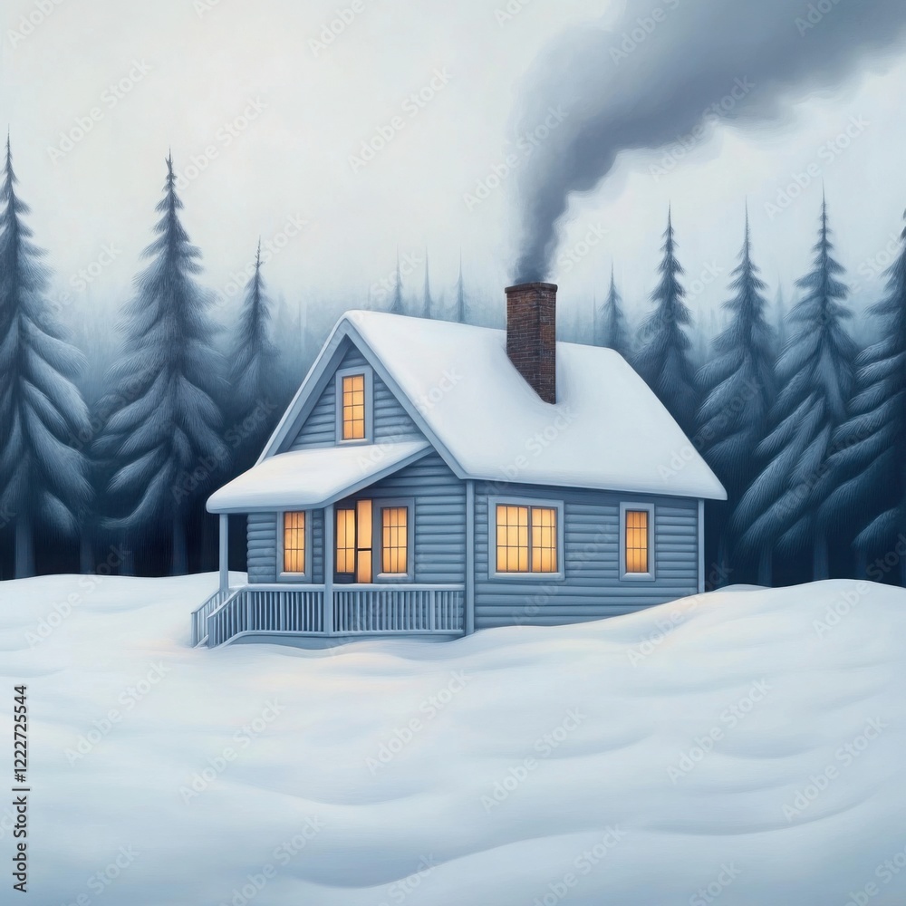 Fototapeta premium cozy winter cabin in the woods, snow-covered trees, warm light glowing from windows