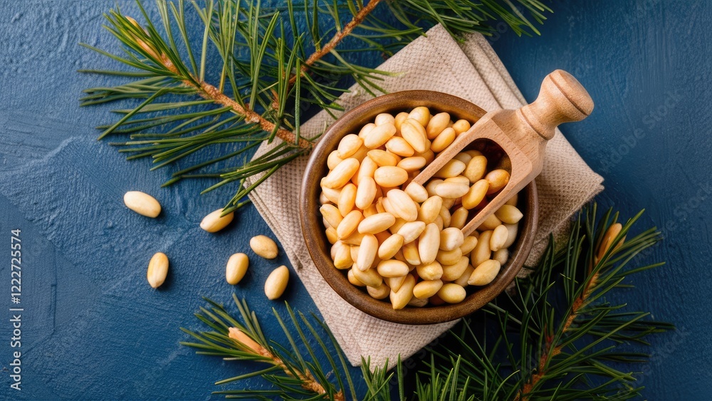 Wooden bowl filled with pine nuts placed on a beige cloth with green pine branches surrounding it against a dark blue textured background. Wooden bowl filled with pine nuts placed on a beige cloth with green pine branches surrounding it against a dark blue textured background.