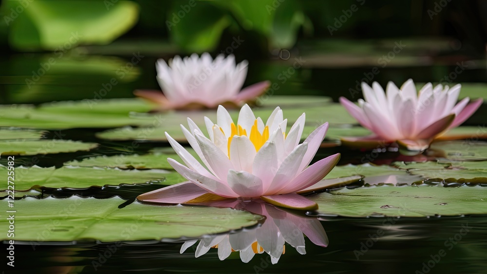 Serene pond closeup with pink and white water lilies on glossy green lily pads reflecting in calm water under soft natural light Serene pond closeup with pink and white water lilies on glossy green lily pads reflecting in calm water under soft natural light