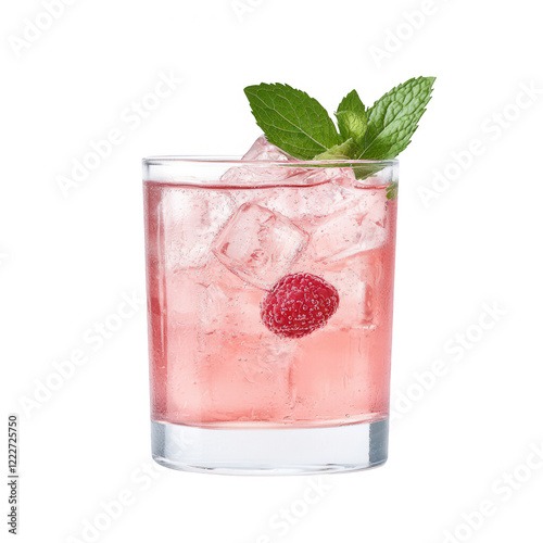 Refreshing pink cocktail with mint and raspberry, served over ice in a clear glass.