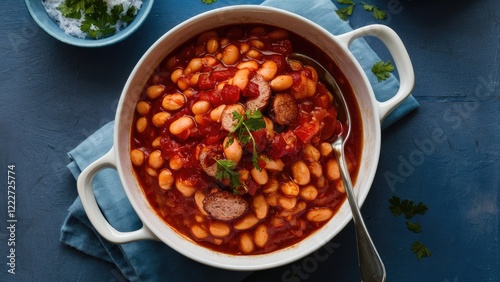 Delicious baked beans in rich tomato sauce with diced sausage in a white bowl on blue table with spoon and herbs garnishing the top