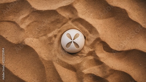 Aerial view of a white round object with floral design partially buried in golden sand surrounded by gentle ripples creating a serene beach vibe