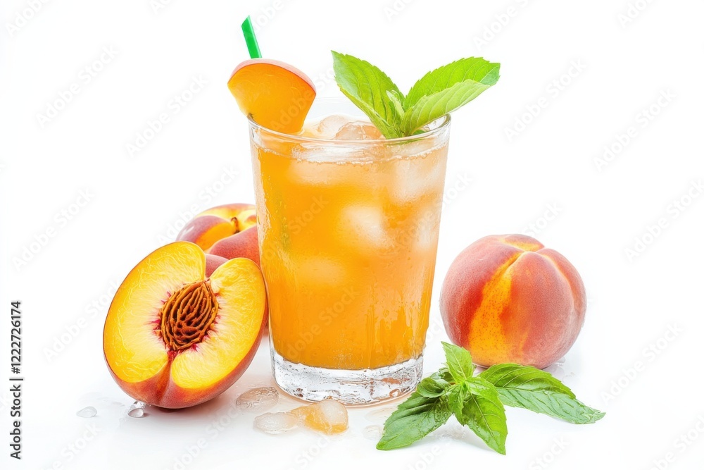 Fototapeta premium Delight in peach iced tea served over ice with fresh peaches and mint on a bright white background