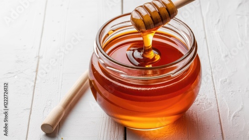 Glass jar of golden honey with a wooden dipper, prominently featured in the center, on a white wooden background, rich amber tones and shiny texture. photo