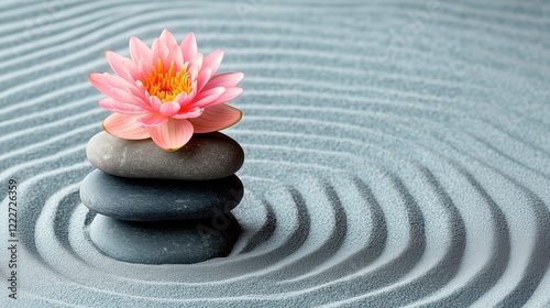 A harmonious arrangement of stacked stones rests atop a gentle bed of sand