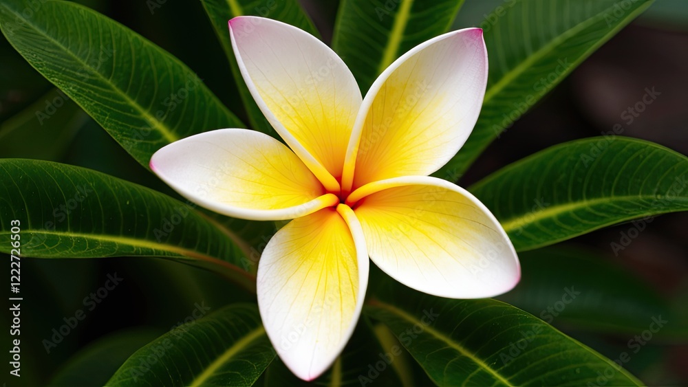 Fototapeta premium Vibrant Plumeria pudica flower in shades of white and yellow with pink tips, surrounded by lush green leaves, centered for elegant visual appeal.