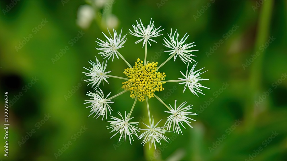 Close-up of dill plant Anethum graveolens with vibrant green background featuring white flower clusters and a central yellow bloom in detailed focus Close-up of dill plant Anethum graveolens with vibrant green background featuring white flower clusters and a central yellow bloom in detailed focus