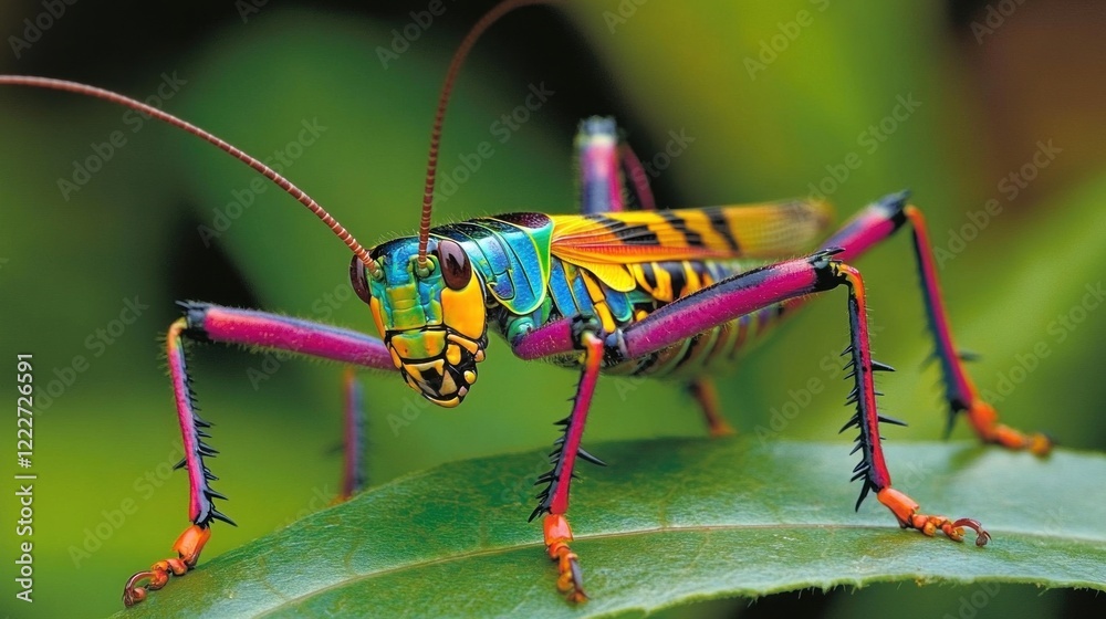 Fototapeta premium A brightly colored grasshopper with rainbow hues on a green leaf surface closeup view