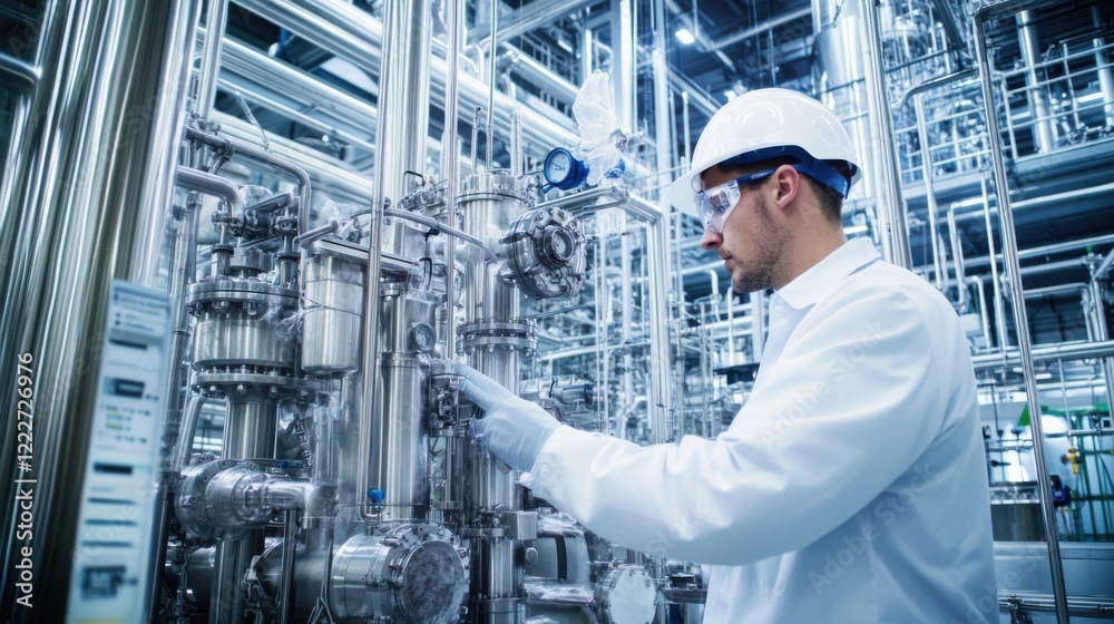 A chemical process engineer monitoring chemical reactions in a pharmaceutical production plant, with reactors and pharmaceutical equipment visible, Pharmaceutical production scene A chemical process engineer monitoring chemical reactions in a pharmaceutical production plant, with reactors and pharmaceutical equipment visible, Pharmaceutical production scene