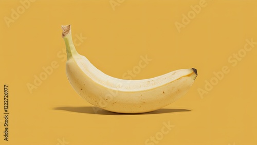 Yellow banana placed on a solid yellow background, gently curved shape, with a smooth texture and subtle brown spots highlighting its freshness. photo