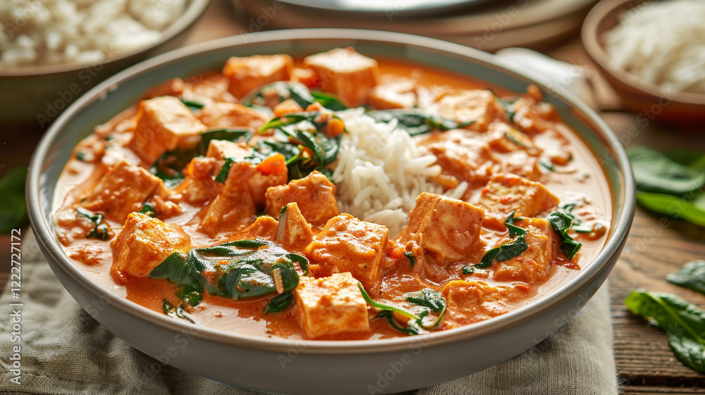 A warm bowl of coconut-based curry with tofu, spinach, and jasmine rice on the side, perfect for a nourishing plant-based comfort meal. A warm bowl of coconut-based curry with tofu, spinach, and jasmine rice on the side, perfect for a nourishing plant-based comfort meal.