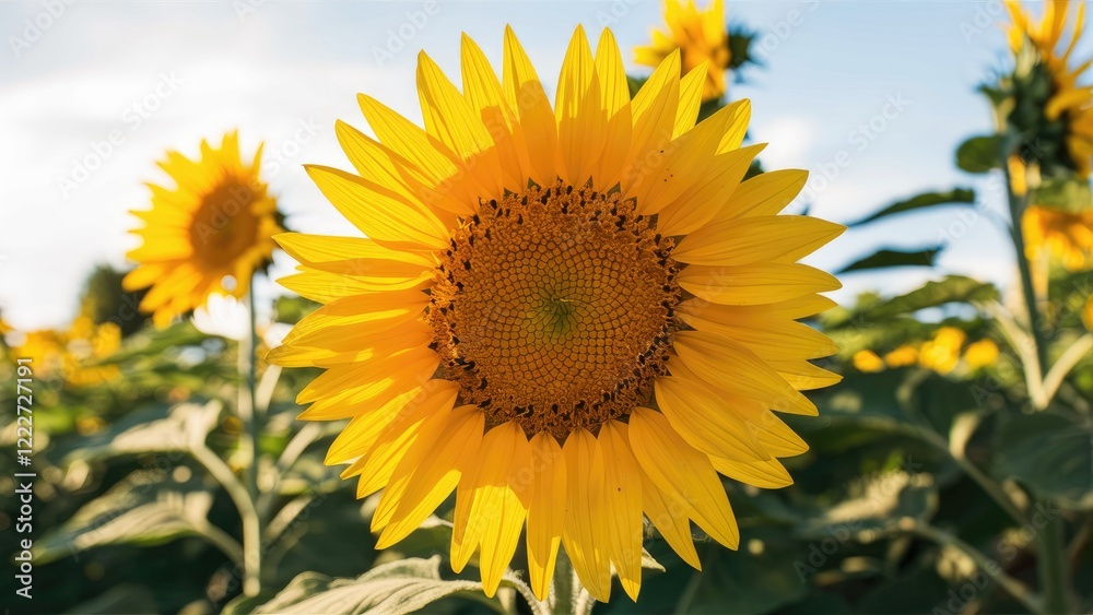Vibrant closeup of a yellow sunflower centered in the frame, surrounded by green leaves and multiple sunflowers against a clear blue sky. Vibrant closeup of a yellow sunflower centered in the frame, surrounded by green leaves and multiple sunflowers against a clear blue sky.