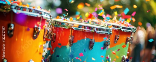 Vibrant colorful drums with confetti celebrating festive music