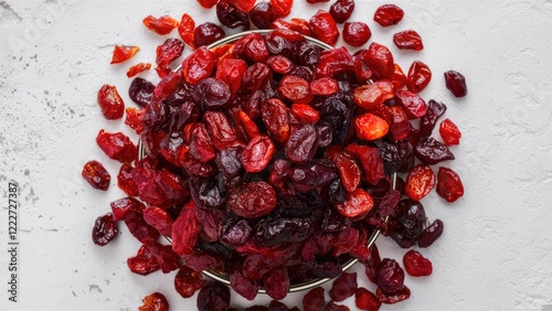 Dried cranberries in various shades of red piled on a silver plate against a textured white background showcasing their natural sweetness photo