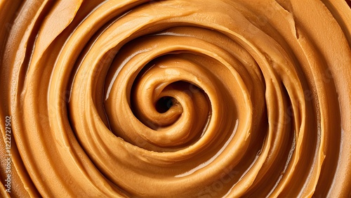 Creamy brown peanut butter texture in a swirling pattern with a shiny finish closeup showing a rich smooth paste suitable for healthy snacks photo