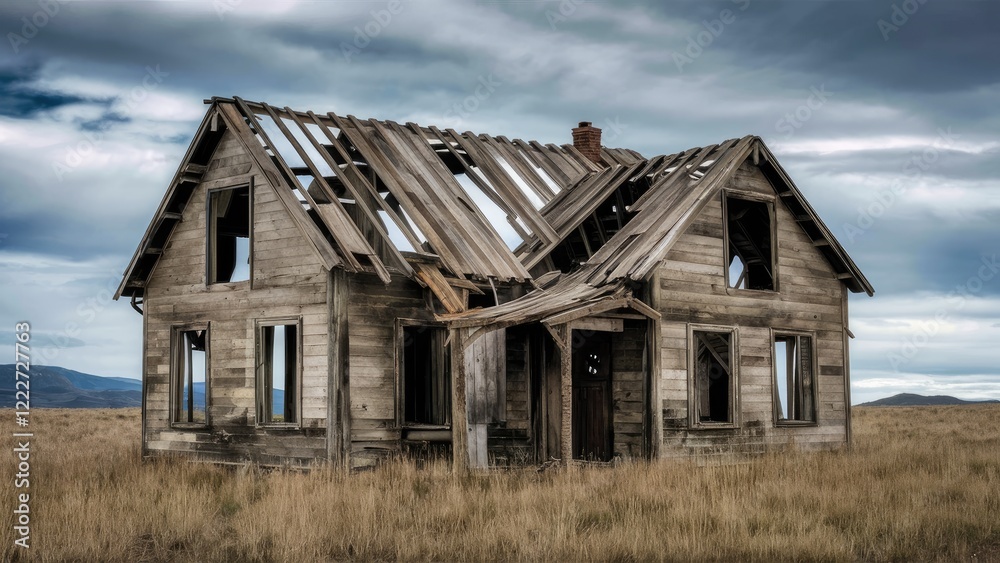 Abandoned rustic house with broken roof and empty windows set in golden grass under a stormy sky showcasing decay and desolation. Abandoned rustic house with broken roof and empty windows set in golden grass under a stormy sky showcasing decay and desolation.