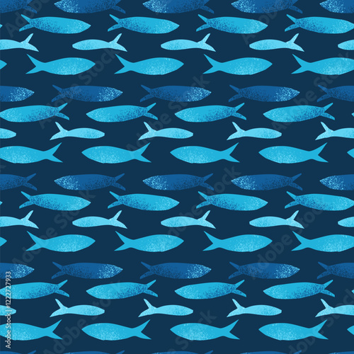 Fish seamless pattern. Sardines school allover background. Blue sea repeat cover. Underwater continuous ornament. Surface pattern design marine motif. Vector hand drawn illustration.